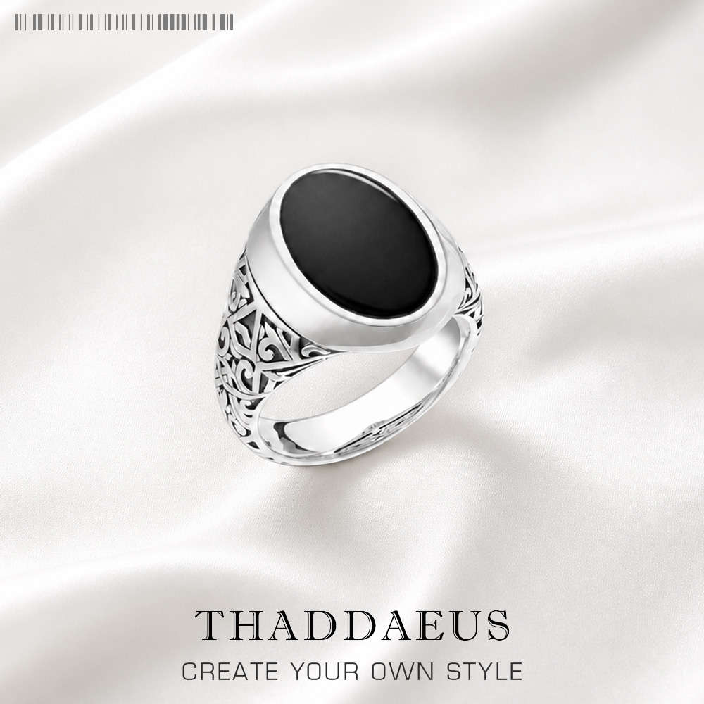 Mens Signet Ring - Anel de sinete oval preto estilo