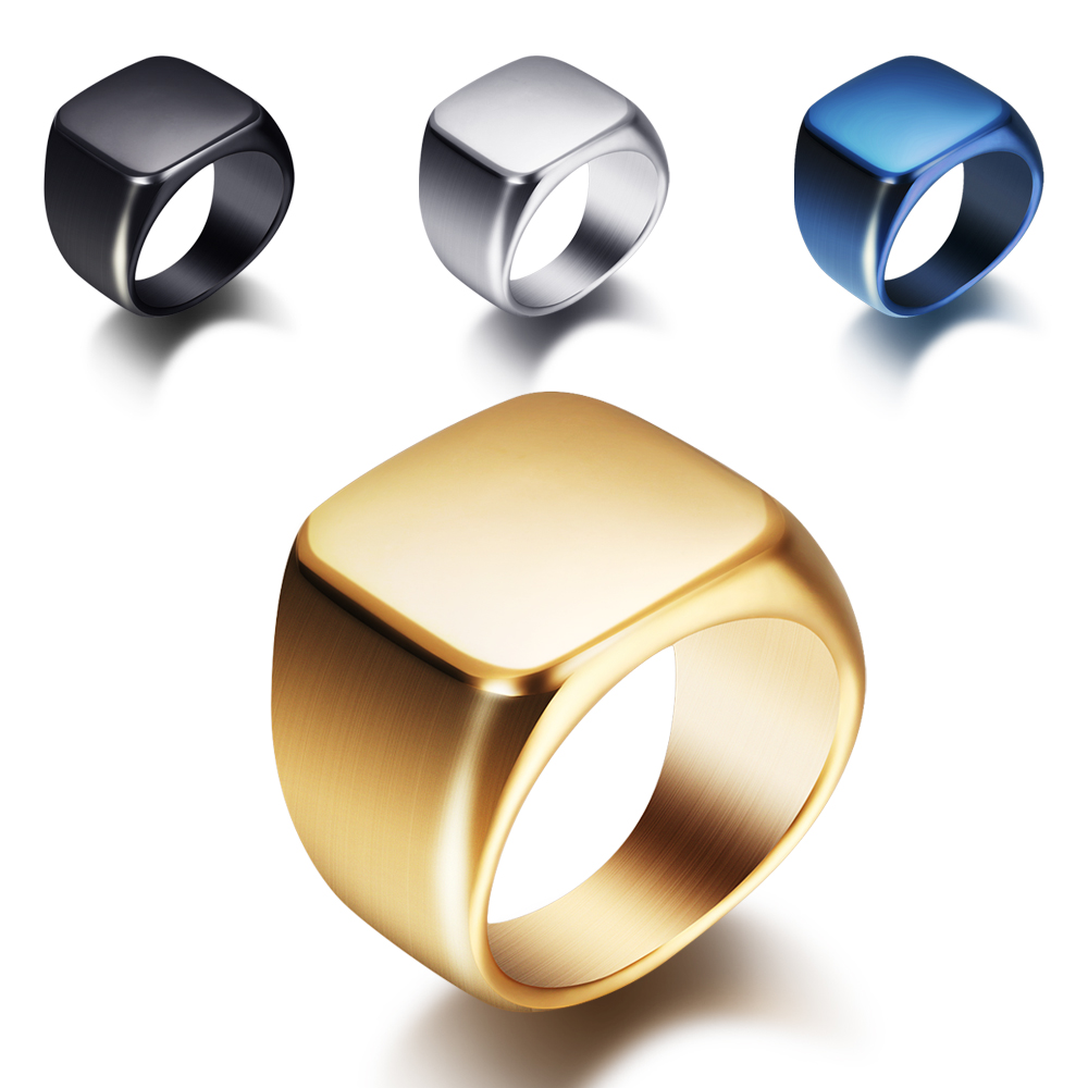 Mens Signet Ring - Livre Gravar Nova Prata/Ouro/Preto/Azul Quadrado Grande